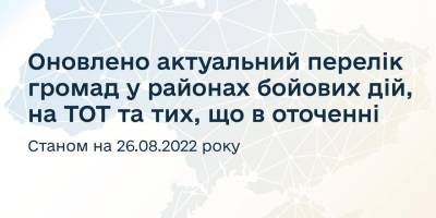 Оновлено перелік громад у районах бойових дій, на ТОТ та тих, що в оточенні (станом на 26 серпня)