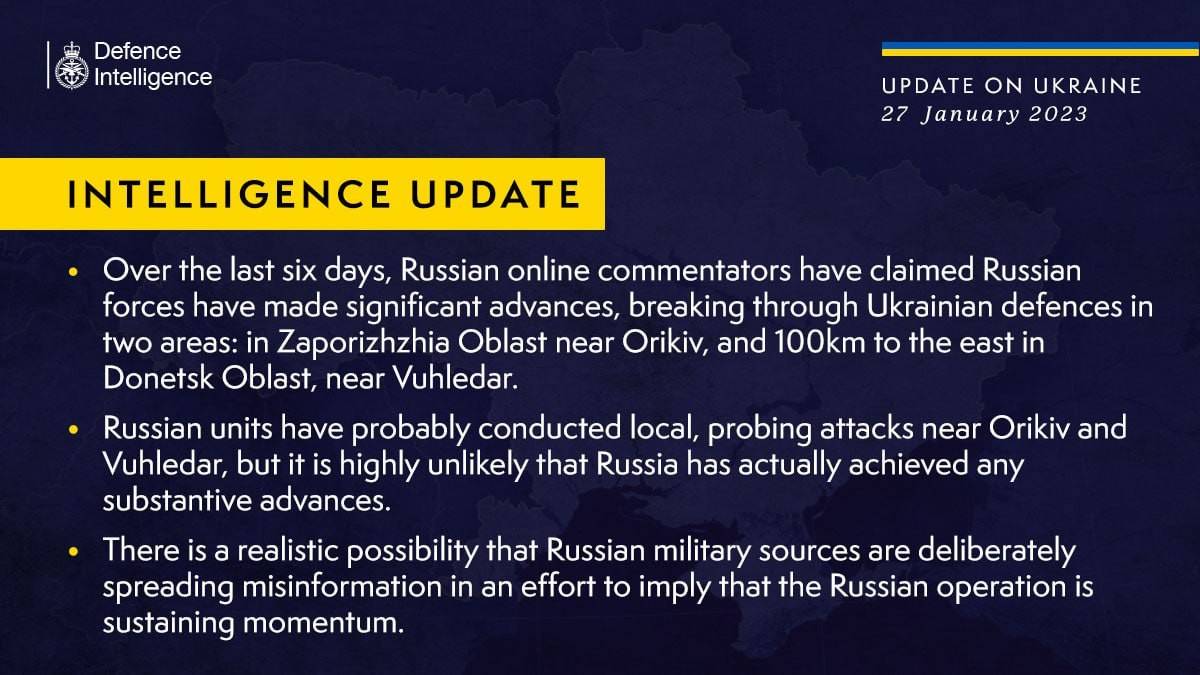 росіяни здійснили пробні локальні атаки поблизу Оріхова та Вугледара, – британська розвідка