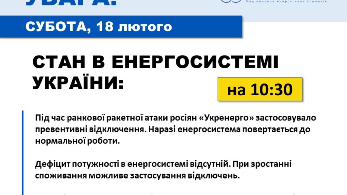 Після ранкового обстрілу енергосистема повертається до нормальної роботи – “Укренерго”