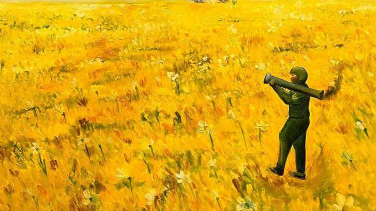 У Запоріжжі юний художник із родини переселенців зобразив весну, яку зустрічає боєць ЗСУ з вогненним списом