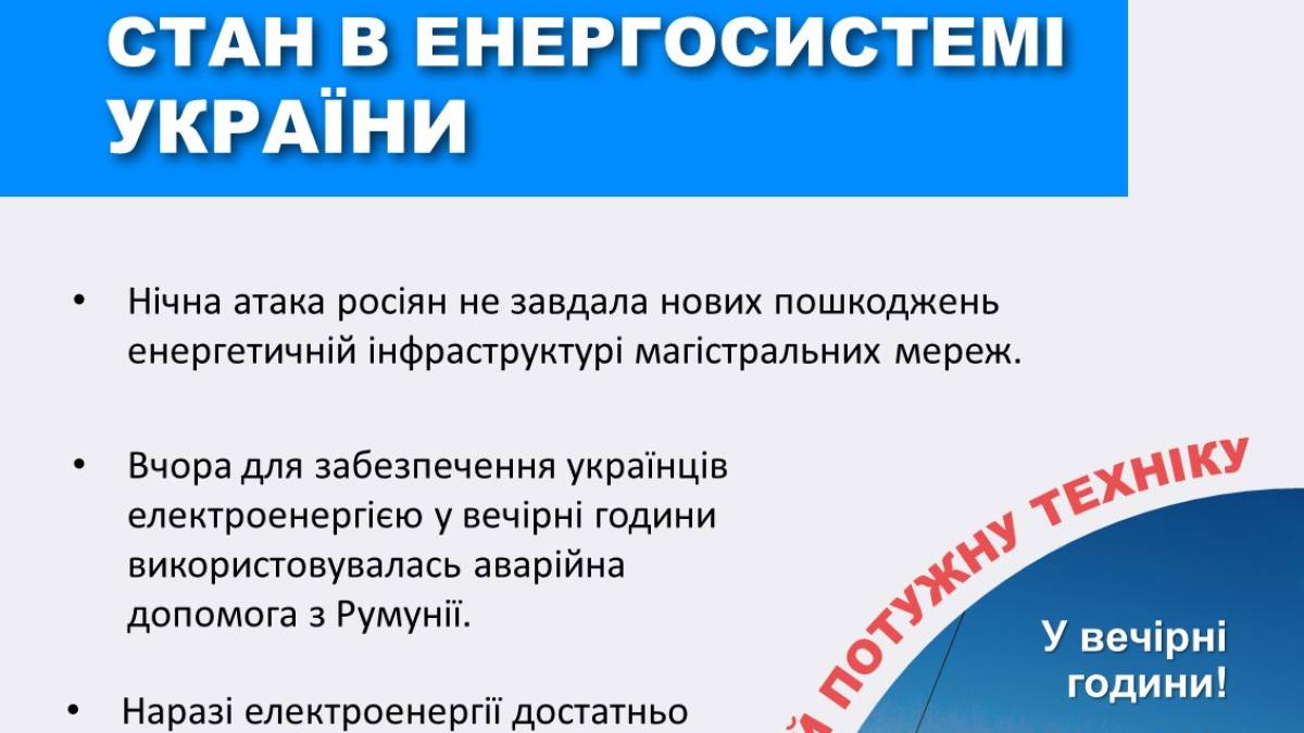 Ночная атака рф не повлекла существенных повреждений в энергосистеме — «Укренерго»