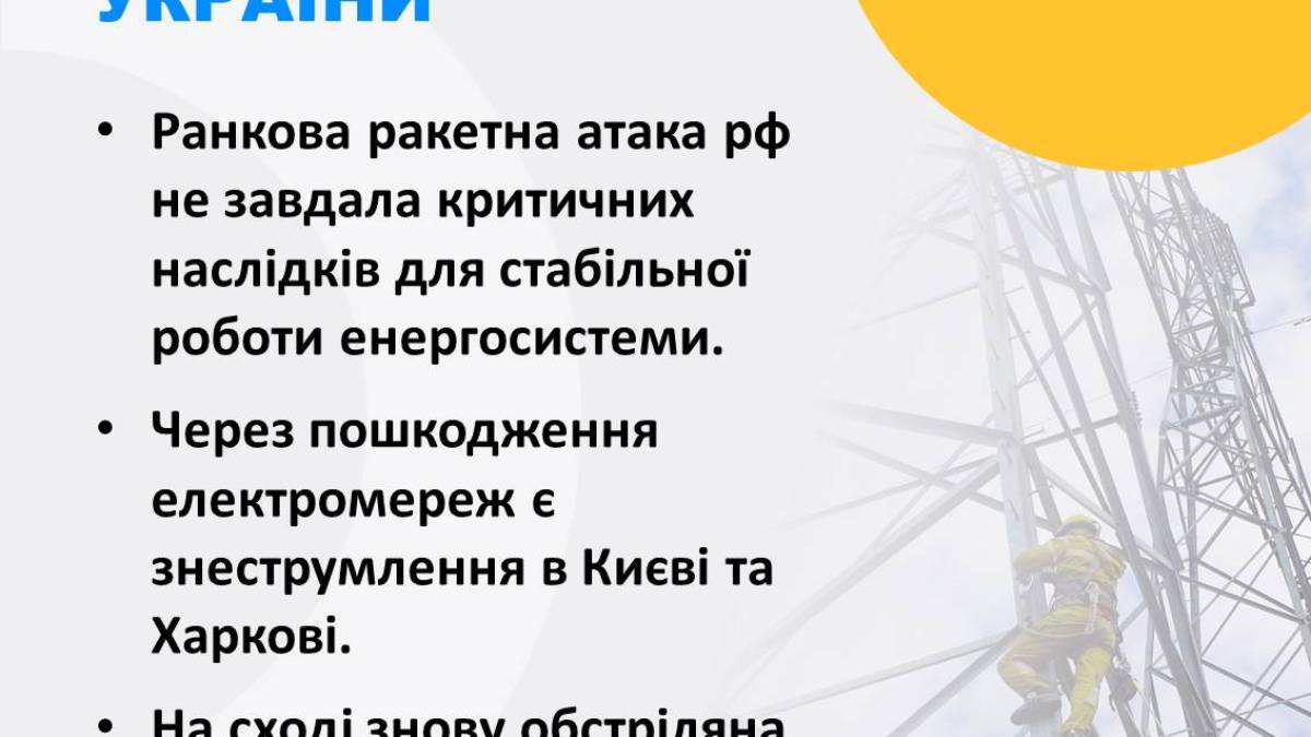 Ранкова атака не завдала критичних наслідків для роботи енергосистеми – “Укренерго”