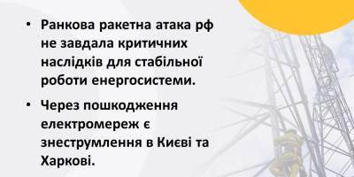 Ранкова атака не завдала критичних наслідків для роботи енергосистеми – “Укренерго”