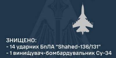 За ніч знищено 14 ударних ворожих БпЛА: Повітряні сили ЗСУ