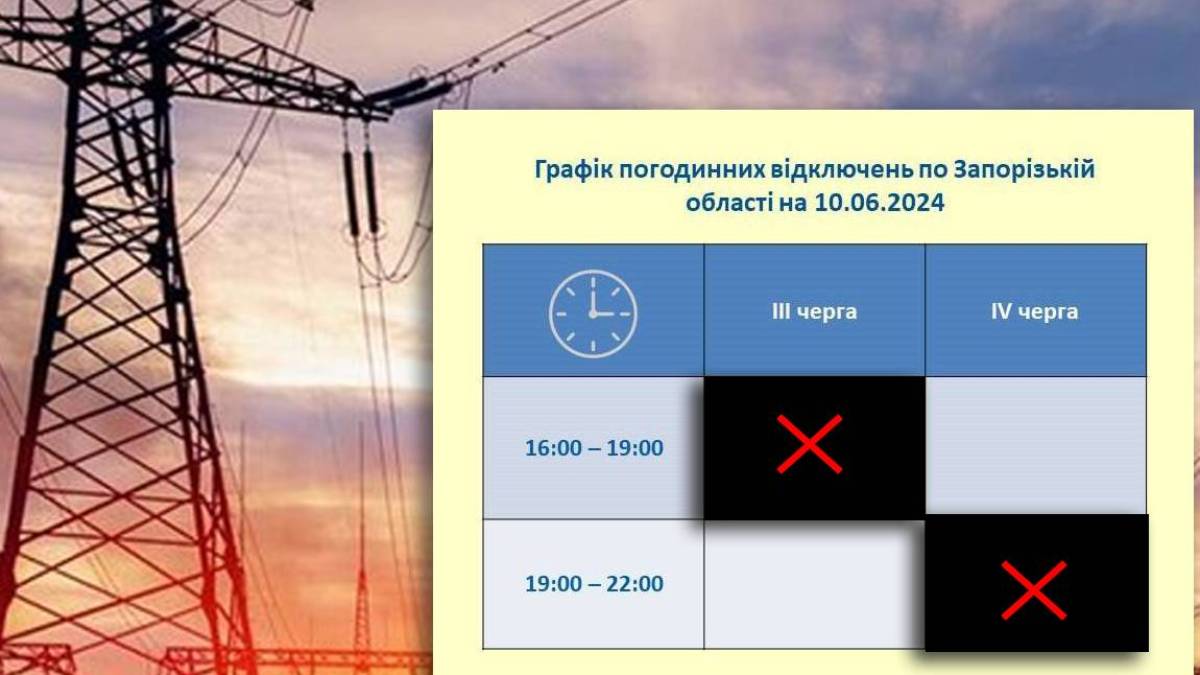 10 червня, по Запорізькій області з 16:00 відключення черги №3, а з 19:00 черги №4