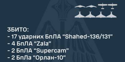 У ніч на 24 липня збито 17 «Shahed»  та 8 розвідувальних БпЛА – Повітряні Сили ЗСУ
