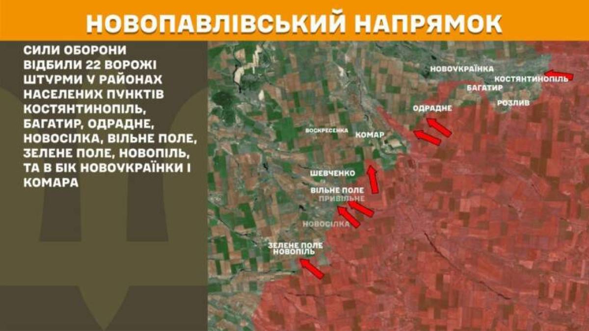На Новопавлівському напрямку Сили оборони відбили 22 ворожі штурми