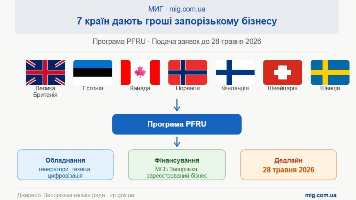 Інфографіка: 7 країн фінансують підтримку бізнесу Запоріжжя через програму PFRU до 28 травня 2026
